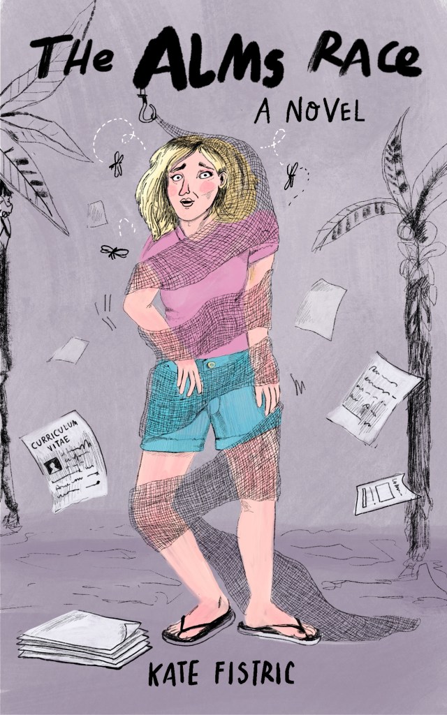 Cover of book, The Alms Race, with cartoon woman tangled up in mosquito net