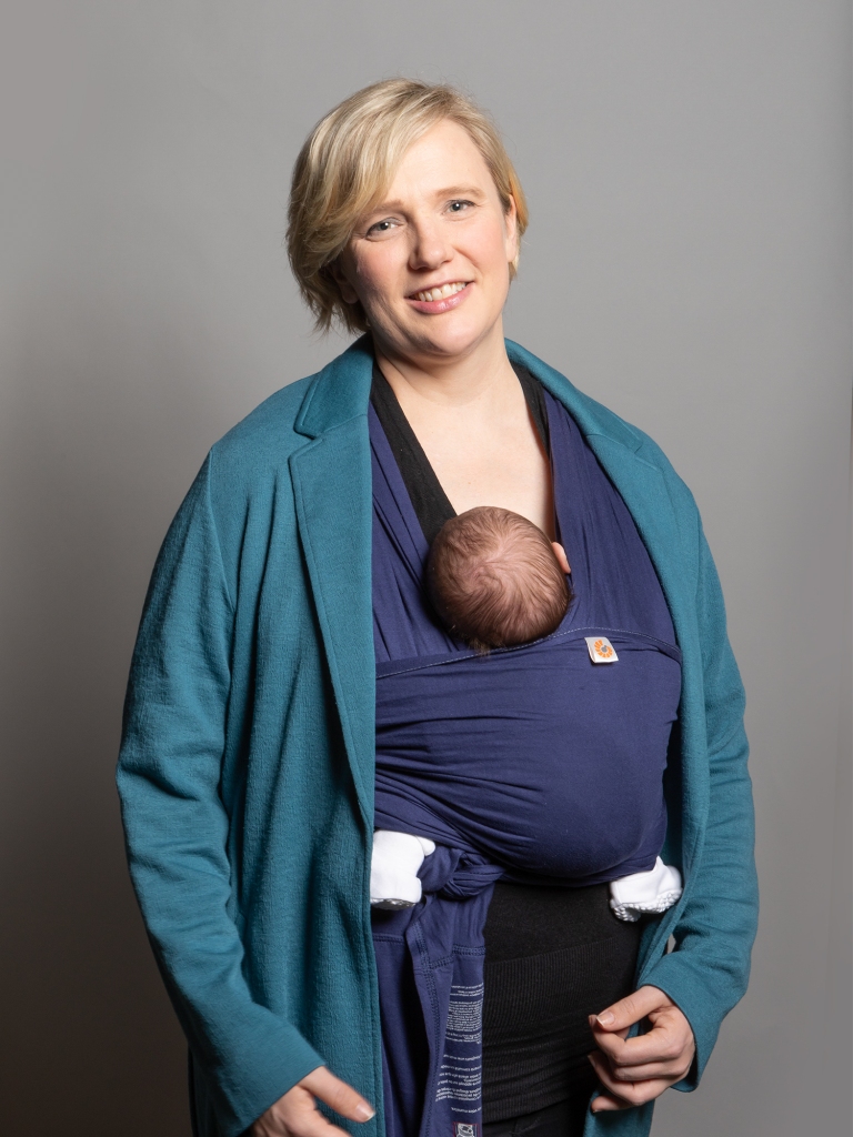 MP Stella Creasy in her official portrait with her baby in a sling